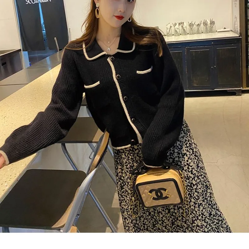 Herbst Winter Frauen solide Turn-Down-Kragen Knopf Tasche Strickjacke Schrauben faden Langarm Pullover Strick mäntel Vintage Tops