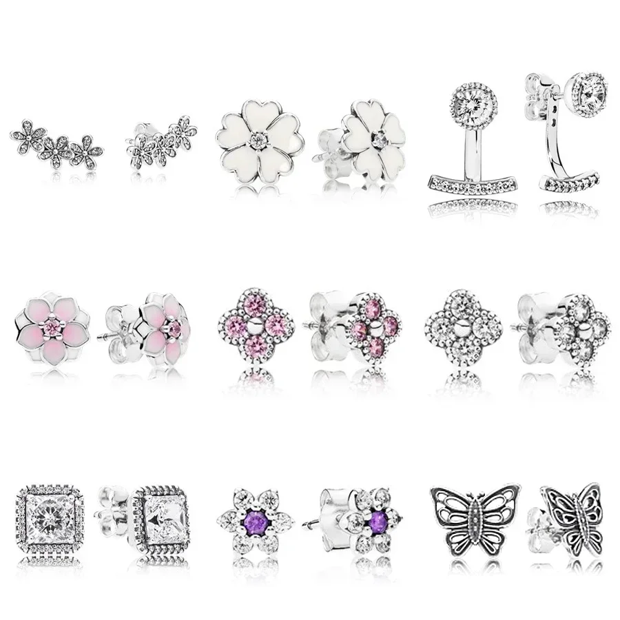 

NEW 100% 925 Sterling Silver Timeless Elegance Original Earrings With Clear CZ Forget Me Not Stud Earrings Fit DIY Making