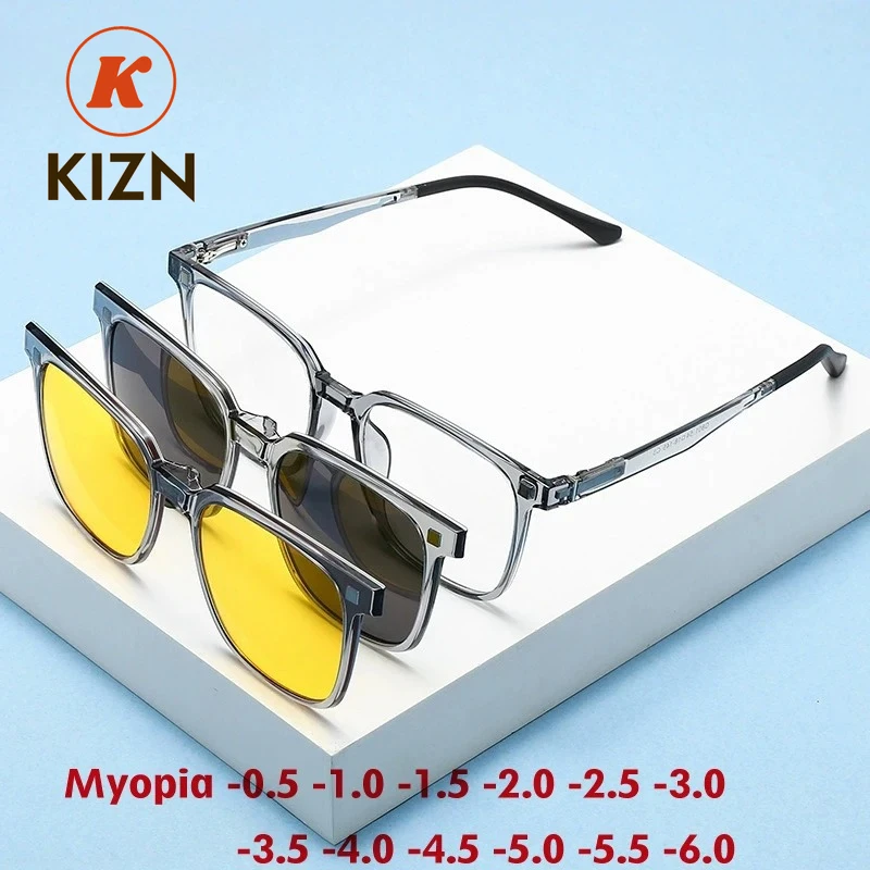 

Солнцезащитные очки KIZN 3-в-1 с поляризацией для коррекции близорукости, новые, унисекс, магнитные, с диоптриями, квадратная оправа, от -0.50 до -10