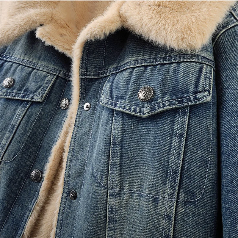 

Winter women Warm Faux Fur Liner Denim Jacket Blue Dark Blue Short Coat Lapel Single-Breasted Long Sleeve Female Jeans Jackets