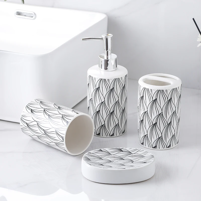 Nordic Home Bath Bathroom Set Hand sanitizer bottle Stack Pattern Bathroom  Wash four-piece set soap bottle Toothbrush cup