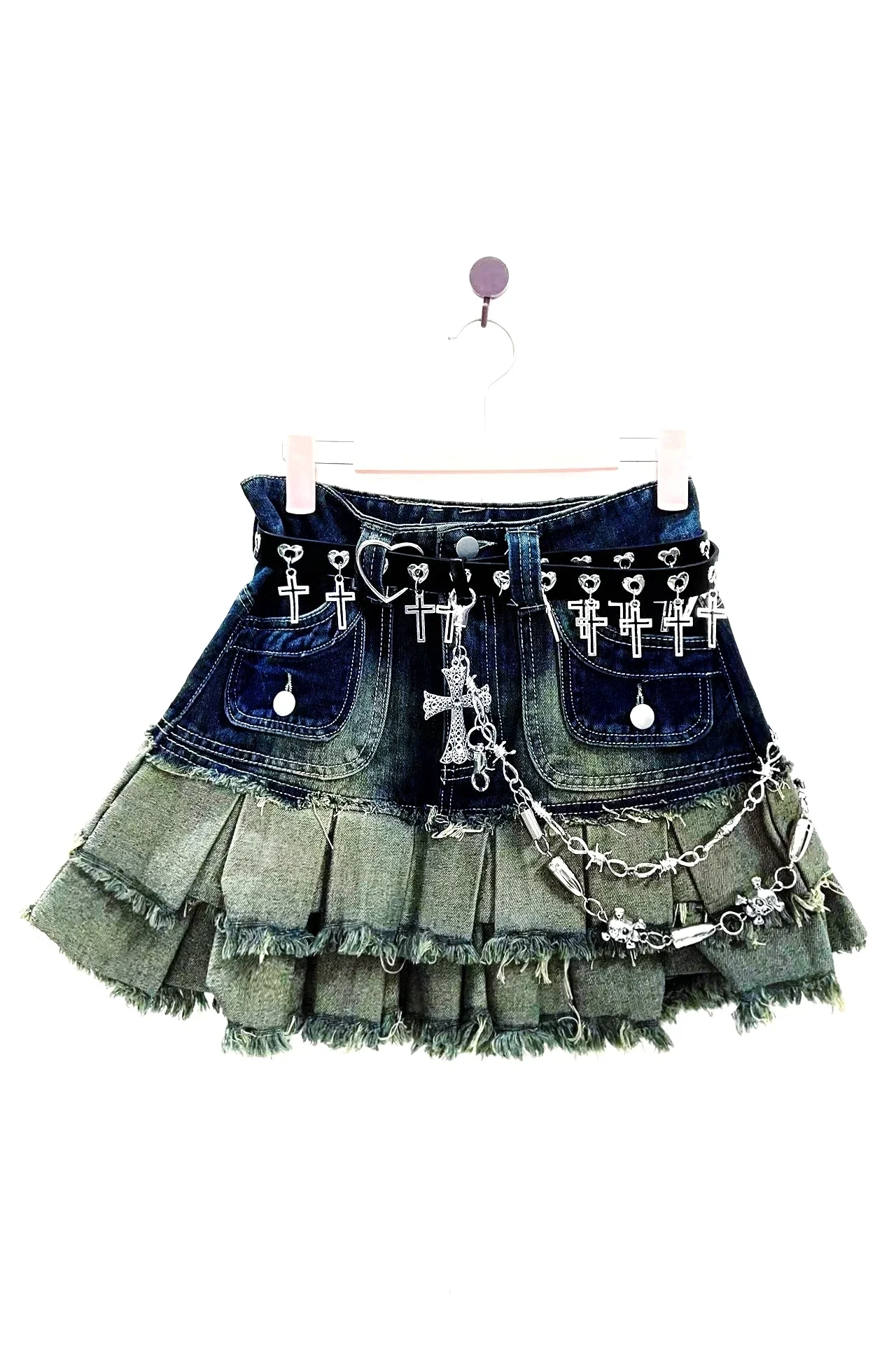 

Original Subculture Y2k Clothes American Retro Denim Short Skirt Double Layer Ruffles Pleated Mini Skirt Punk Rock Grunge Skirts