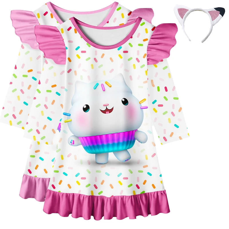 

Toddler Gabbys Dollhouse Cat Casuals Pajamas Dress For Baby Girls Ruffled Costume Fashion Cartoon Kids Party Clothes+Headbands