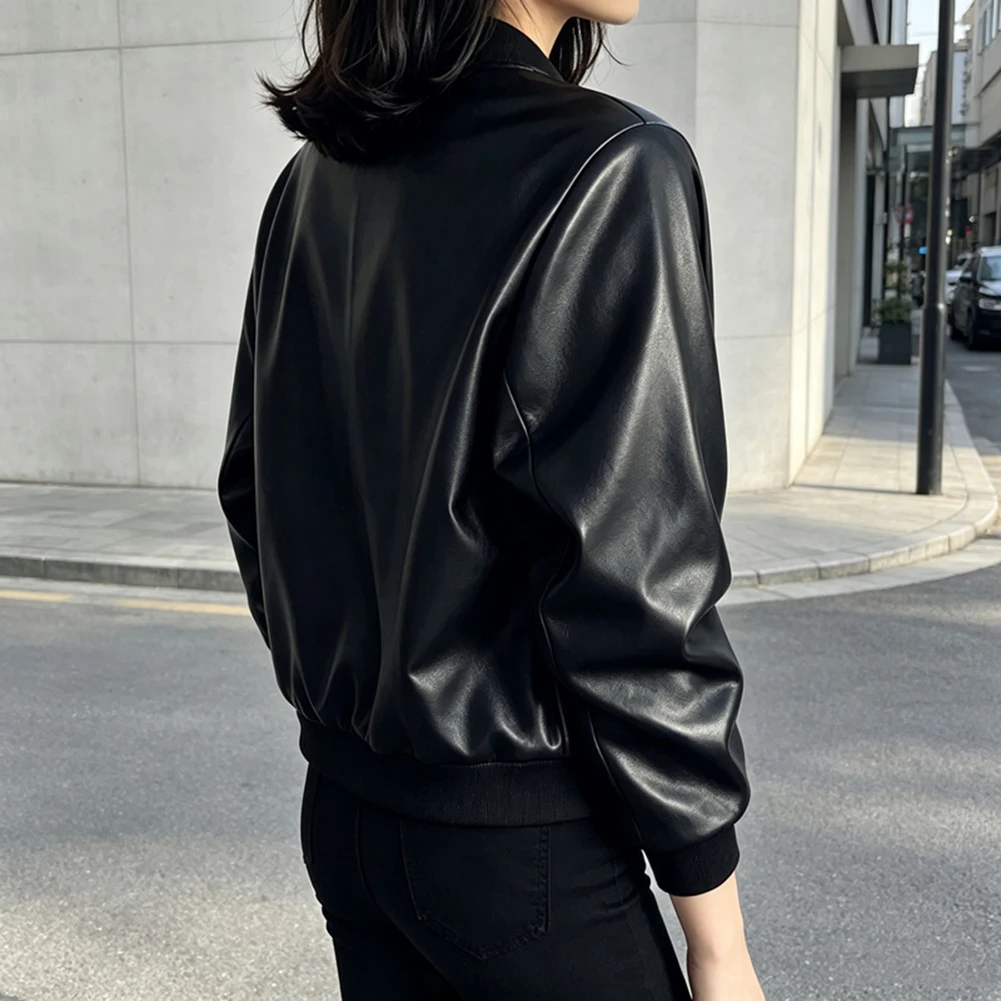 Women's For Crew Neck Short PU Leather Jacket Offering Medium Stretch and Pocket Utility for Vacation Beach and Yoga