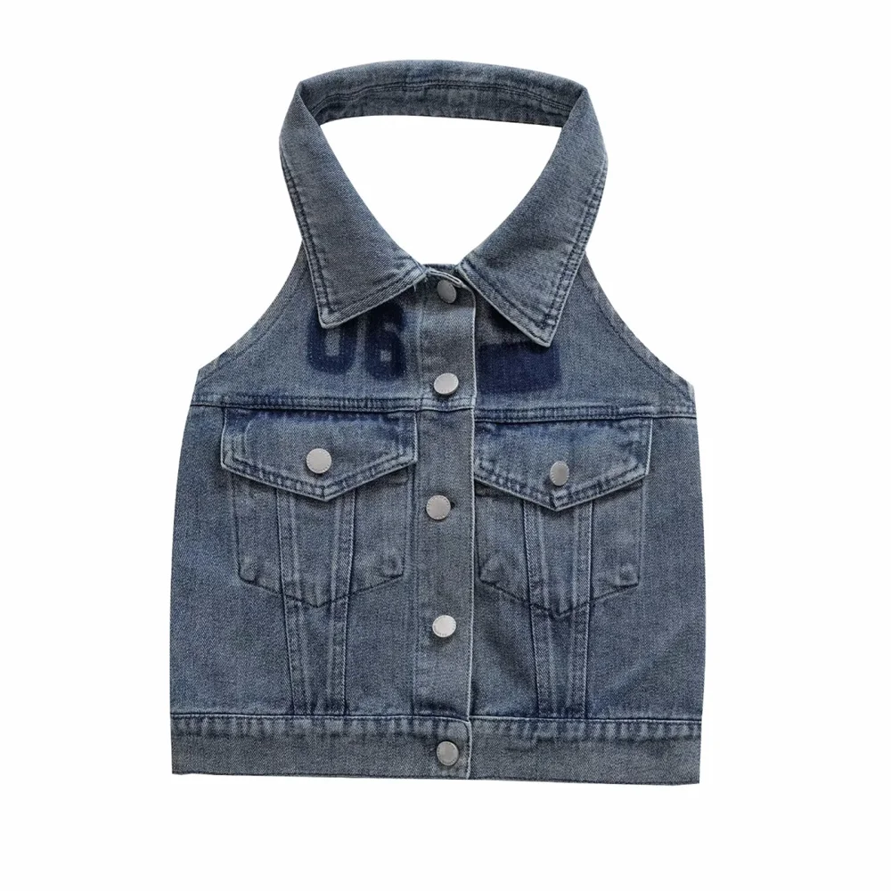 

2025 New Women's Fashion Elegant Design with European and American Style Hanging Neck and Collar Short Denim Top