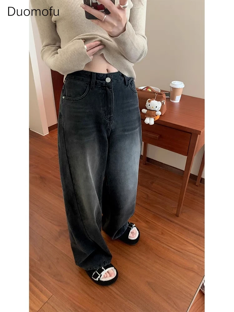 Duomofu Ins Distressed Washed Straight Baggy Jeans Women Autumn Basic Full Length Fashion Simple Slim Female High Waisted Jeans