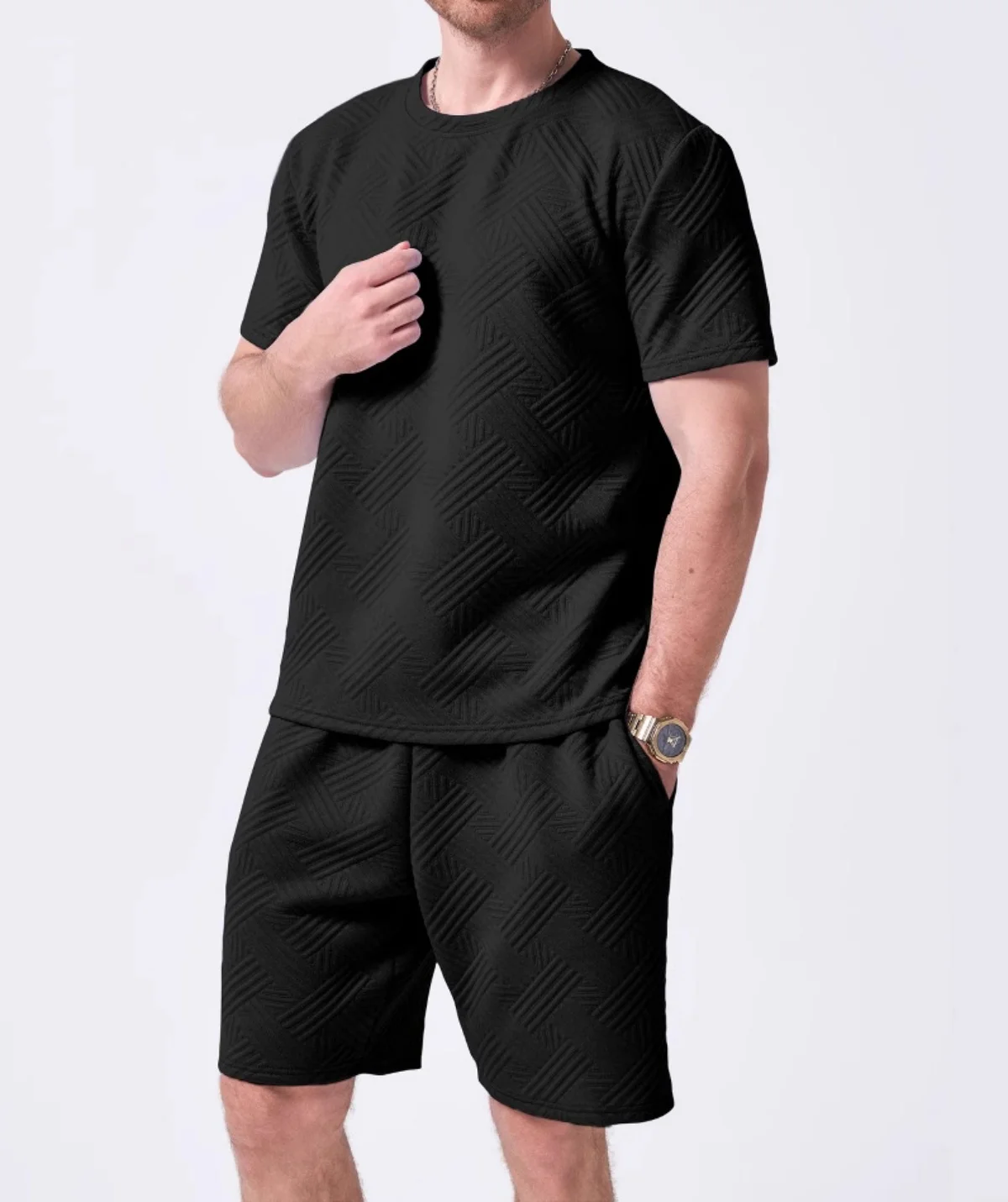 Men's Summer Casual Round-Neck T-Shirt Shorts Set Fashionable Knitted Jacquard Solid-Color Sportswear Short-Sleeved Outfit