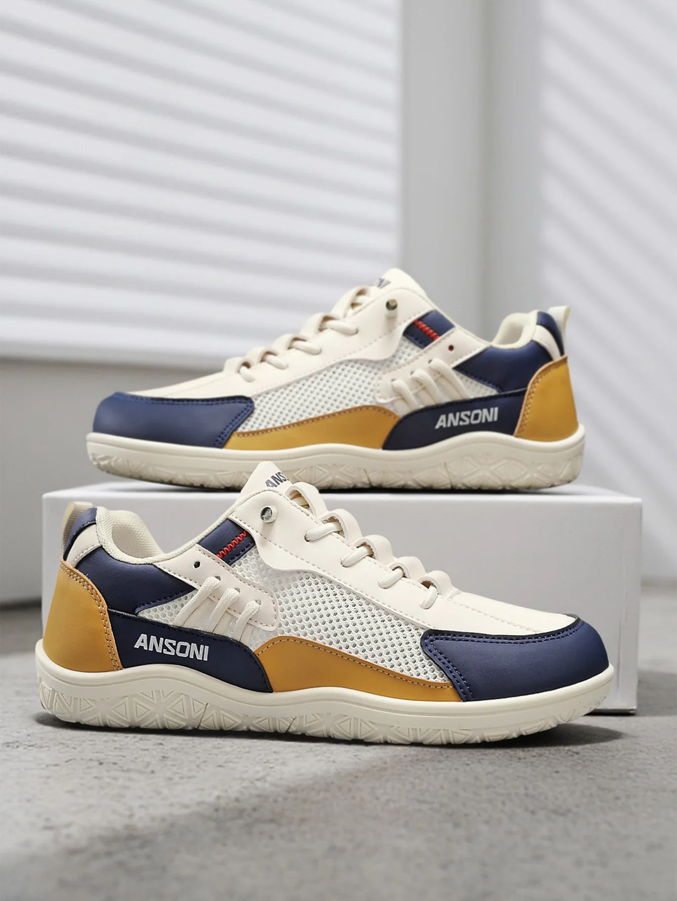 Men's Low-Top Mesh Color Block Sneakers with Elastic No-Tie Laces, Lightweight All-Match Shoes for Daily Walking