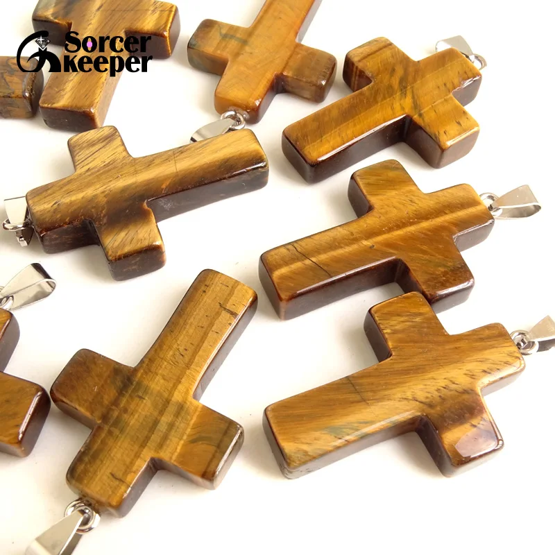 Wholesale 40x28x10 mm Big Cross Necklace Natural Gem Stone Tiger Eye Cross Pendants Charms fit Necklaces Jewelry Making GS219