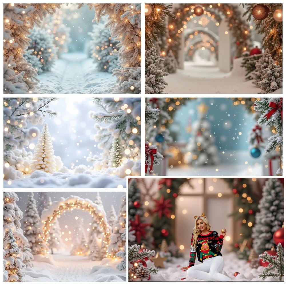 

MOON.QG Snow Christmas White Lights Bokeh Backdrop for Photography Arch Wreath Tree Photo Studio Background Photozone Supplies