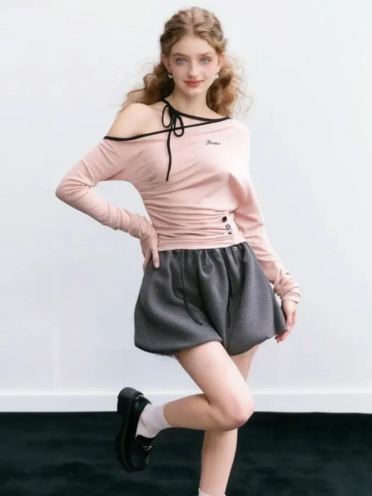 

ZhuoZhi Korean Sle Button up Slim Fit T-irt Pink Asymmetrical Neline oulder Bared Women's Top for Autumn Season