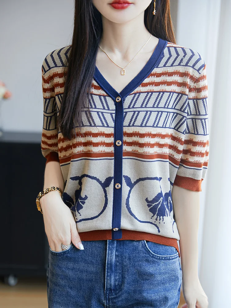 Verão fino decote em v retro chique estampado contrastante cardigan para mulher high-end 100% navio viajando camisa de manga curta