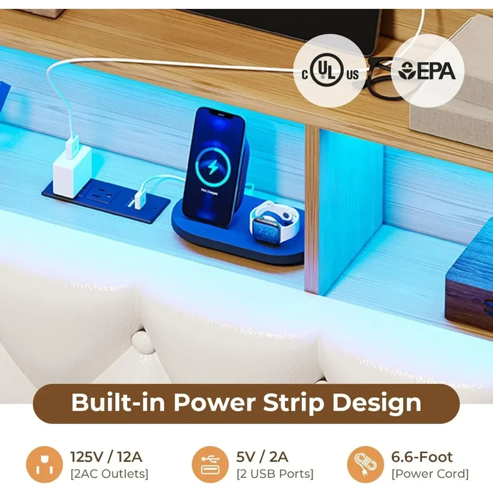 Floating Bed Frame, Floating Platform Bed with Charging Station with LED Lights & Storage Headboard, Modern LED Floating Bed