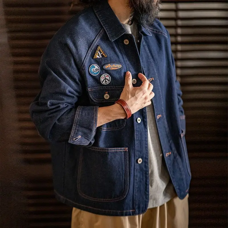 

Maden Casual Cotton Denim Jaet with Embroidered Bae Retro American Sle Waed Stand Collar Men's Outerwear for Autumn A...