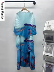 Miyake Suit Fashion Print Design Pleated Set for Women Irregular Tops A-line Patchwork Skirts Contrast Color 2024 New Sets