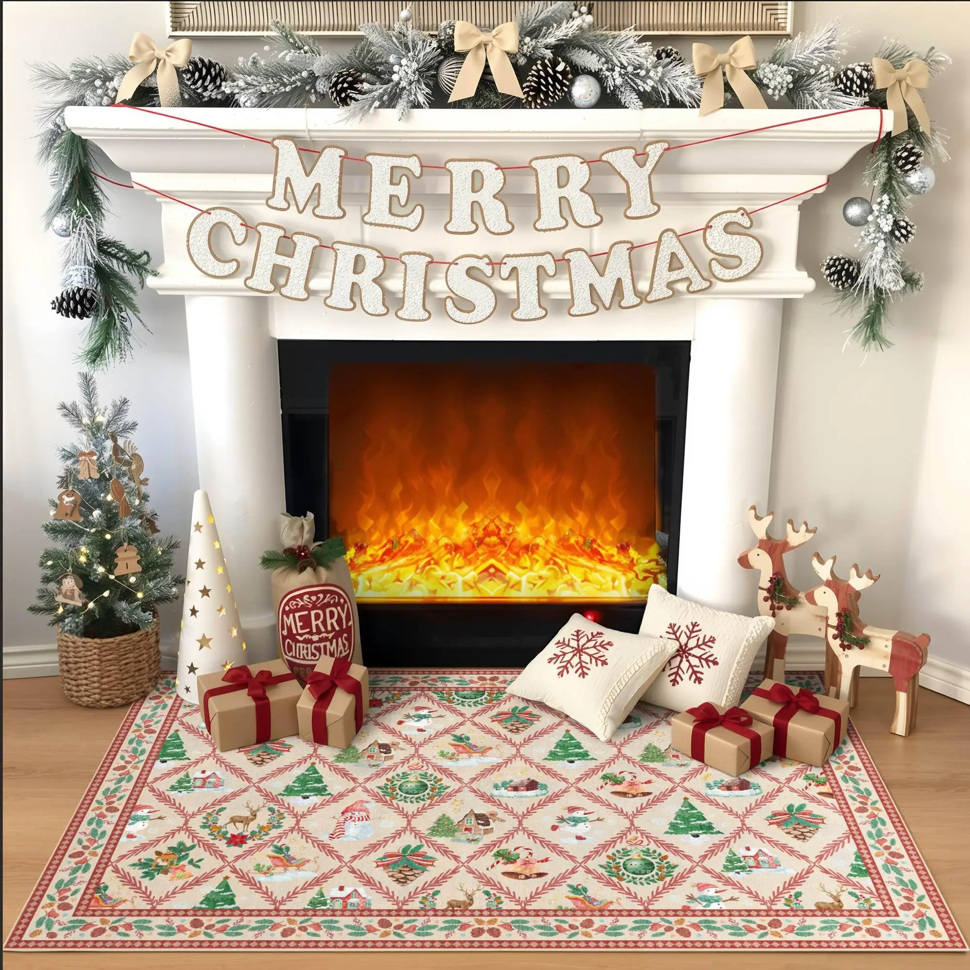 VIKAMA Christmas Cartoon Checkered Door Mat, Festival Mat, For Entrance Hall And Bathroom, Anti-Slip, Durable Home Decor Carpet