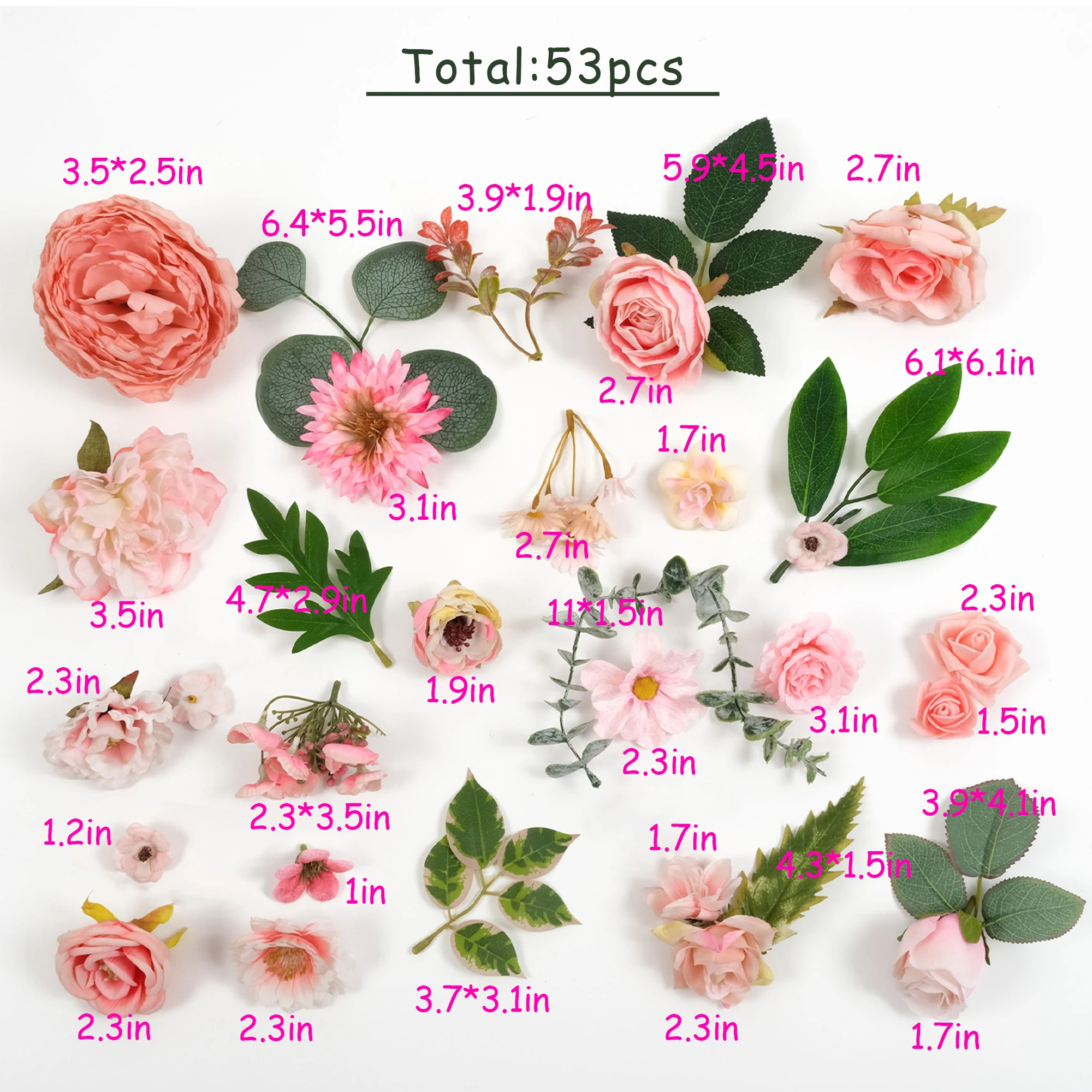 47PCS Mix Pink Artificial Silk Flower Head Leaf Grab Bag Loose Fake Flower For DIY Crafts Bouquets Wreath Garland Decor