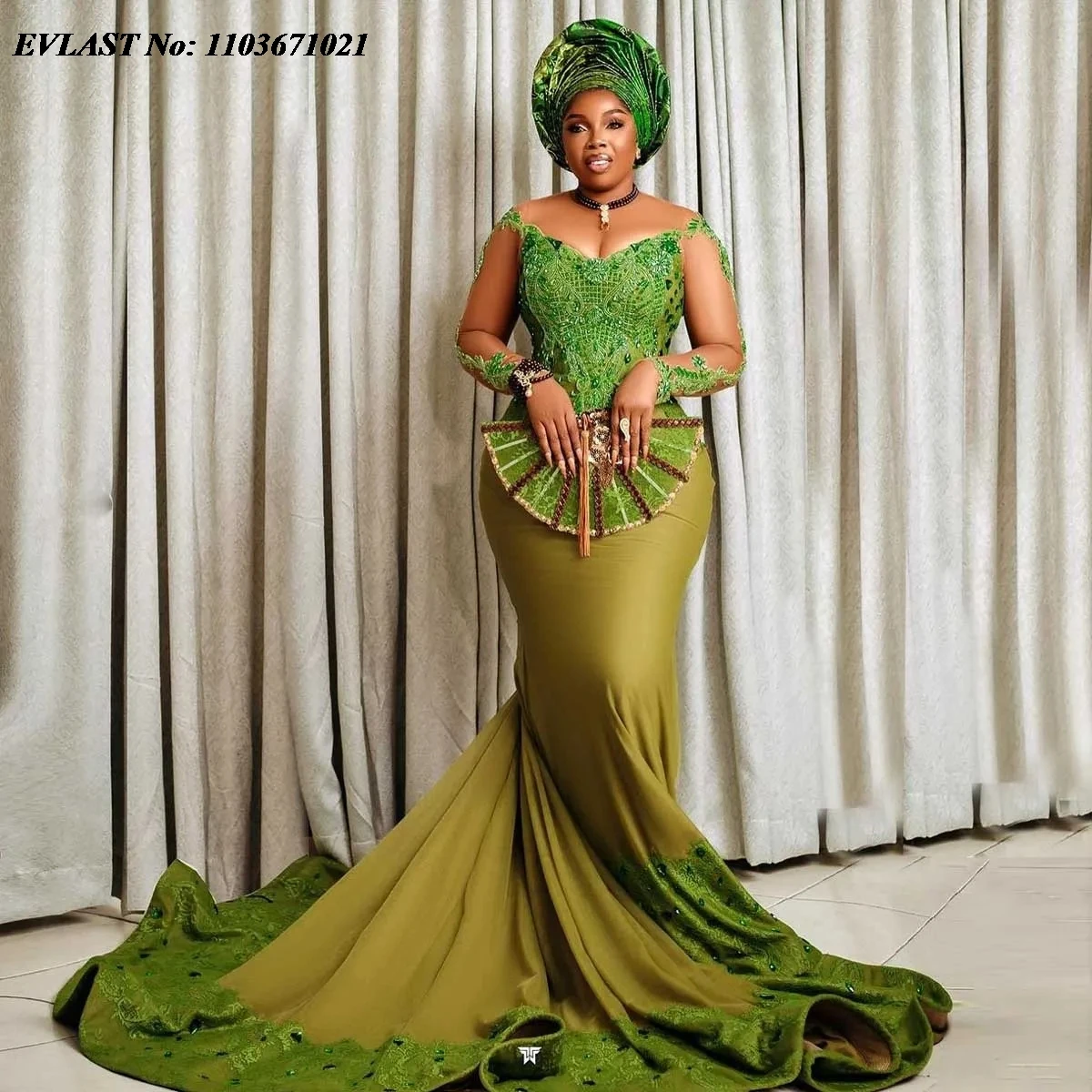 

EVLAST Customized Green Nigerian Mermaid Evening Dress Aso Ebi Wedding Reception Dress Lace Appliqued African Prom Dress P191