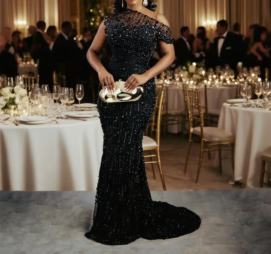 

Black Mermaid Elegant Prom Gown Luxury Sequined Beaded Formal Occasion Dresses Coutures Gowns Cocktail Dress Customized