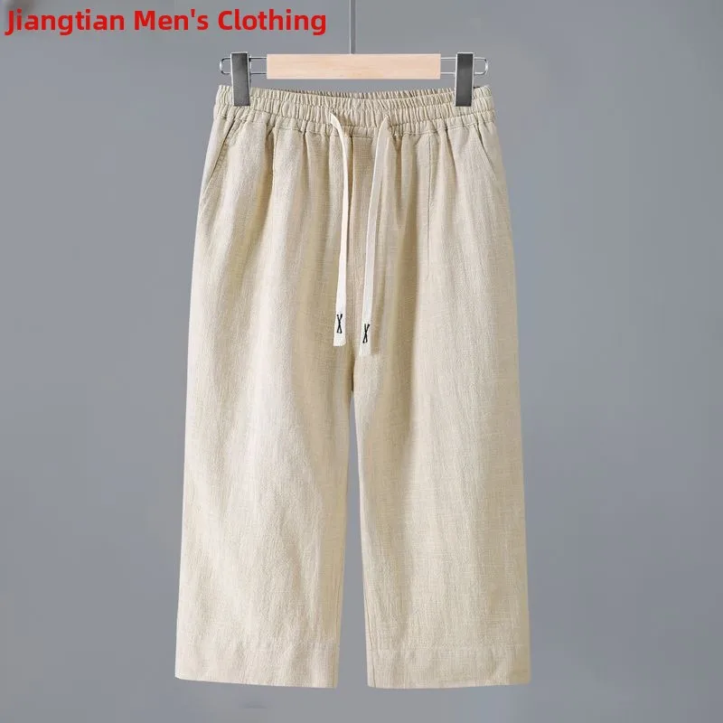 

High-End Pure Color Linen Men's Knee-Length Seven-Foot Pants Summer Breathable Cotton-Linen Fabric orts Loose Fit Trousers