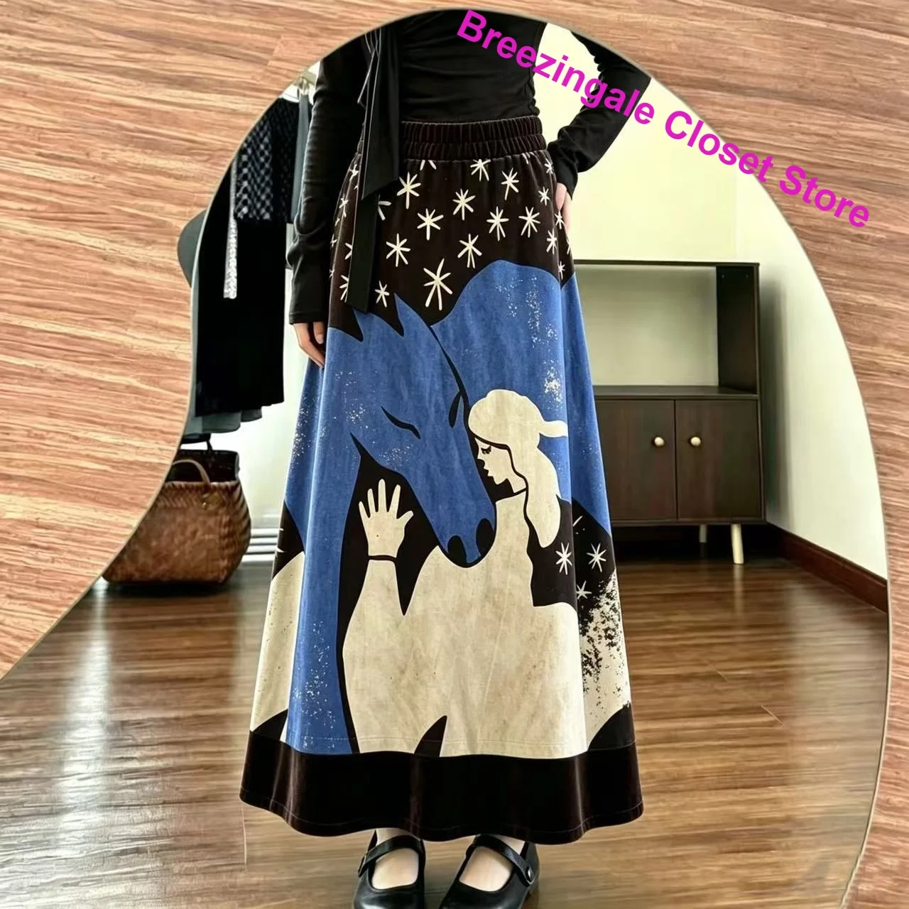 Korean Retro Design Blue Horse Print Skirt Women's Autumn and Winter Fashion Slim Elastic Waist Drooping Casual Big Swing Dress.