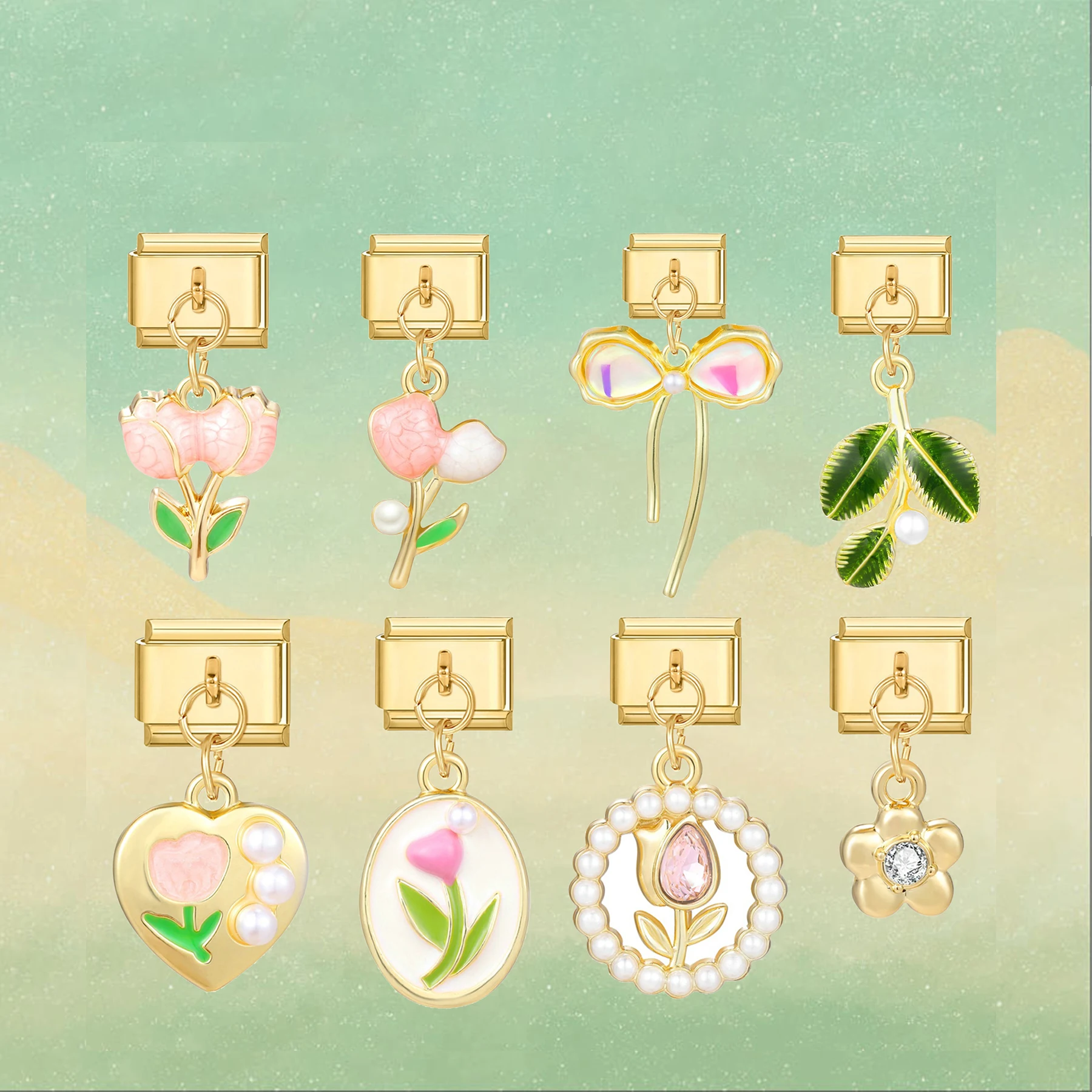 1 Stück 9mm Goldener Italienischer Modularer Charm-Anhänger - Edelstahl DIY Schmuckherstellungs-Set Rosa Blume Tulpe Grünes Blatt Schmetterling