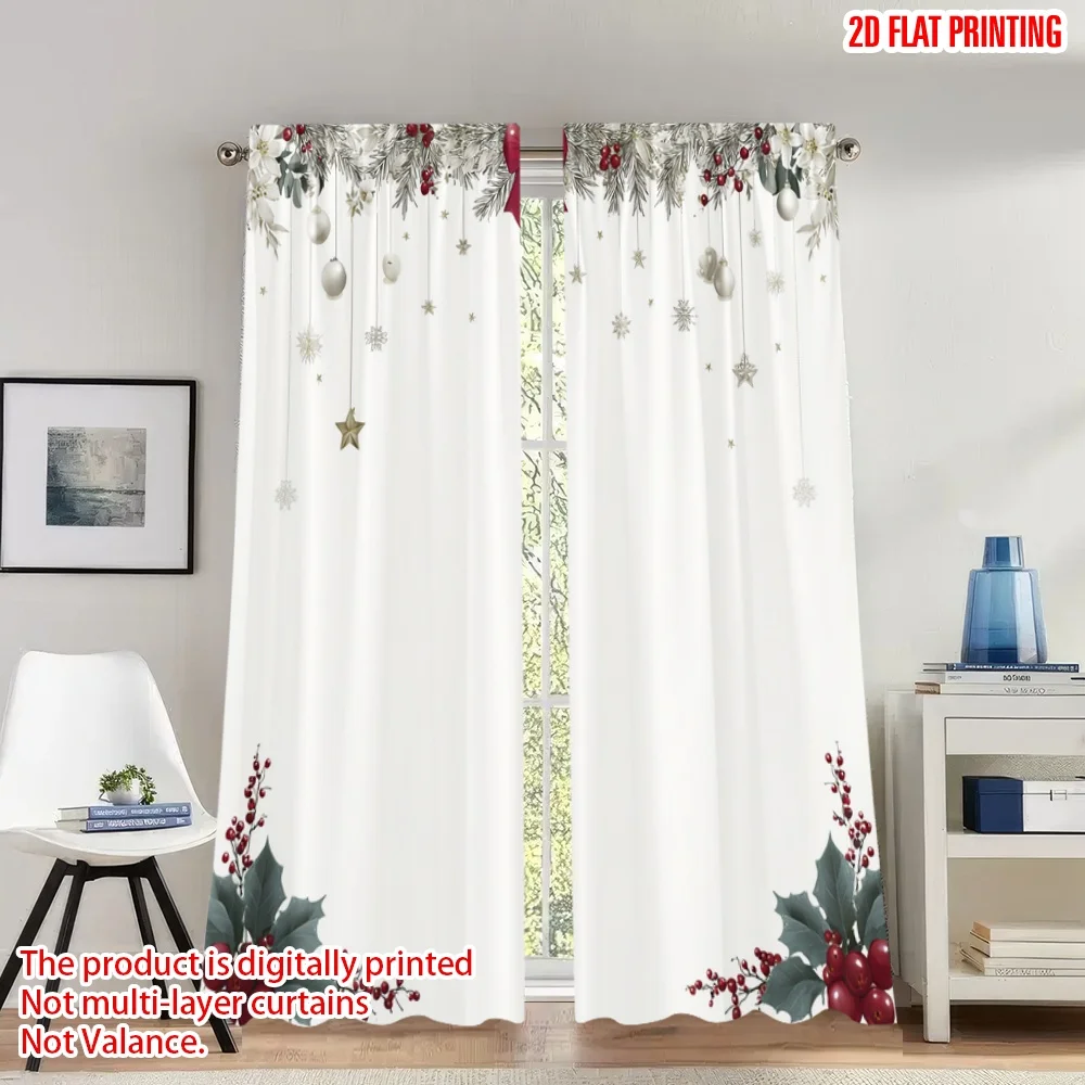 

2pcs 2D flat printing Classic Christmas Curtains Christmas Holly Stars Ornaments Digital Printed Polyester Drapes Festive Wall