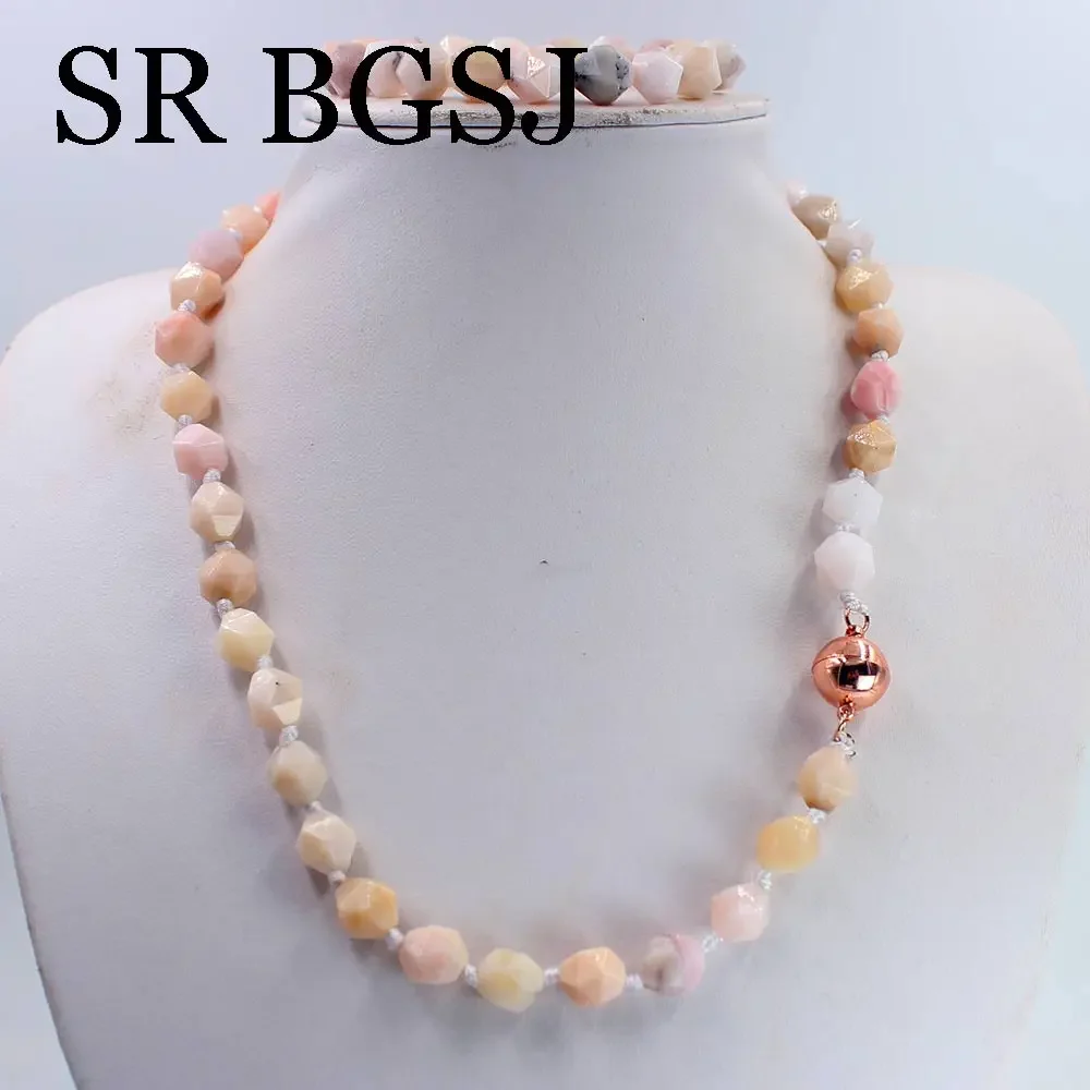 

10mm Round Polygonal Pink Opal Gems Knot Magnetic Clasp Women Stone Jewelry Set