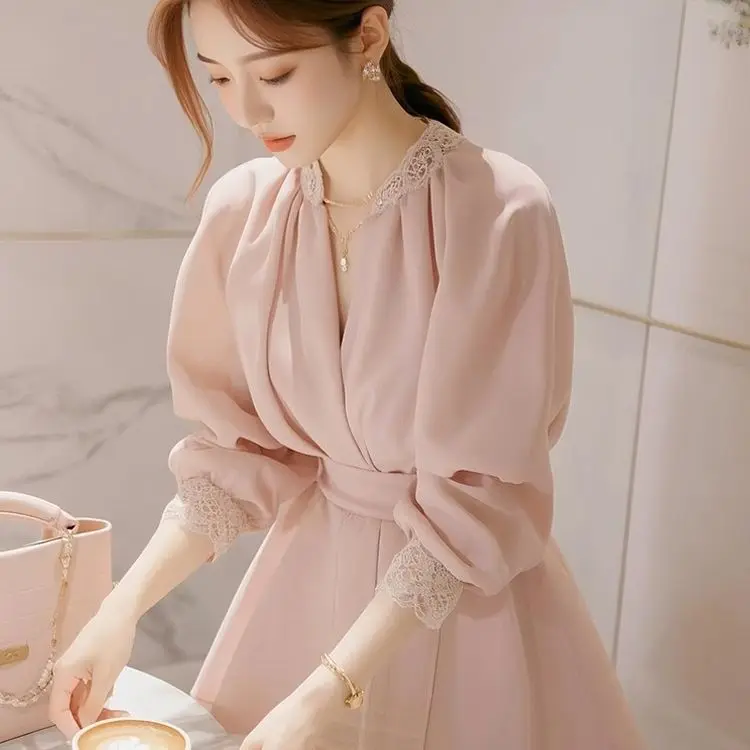 쉬폰 허리 셔츠 봄 신상 여성 레이스 트림 블라우스