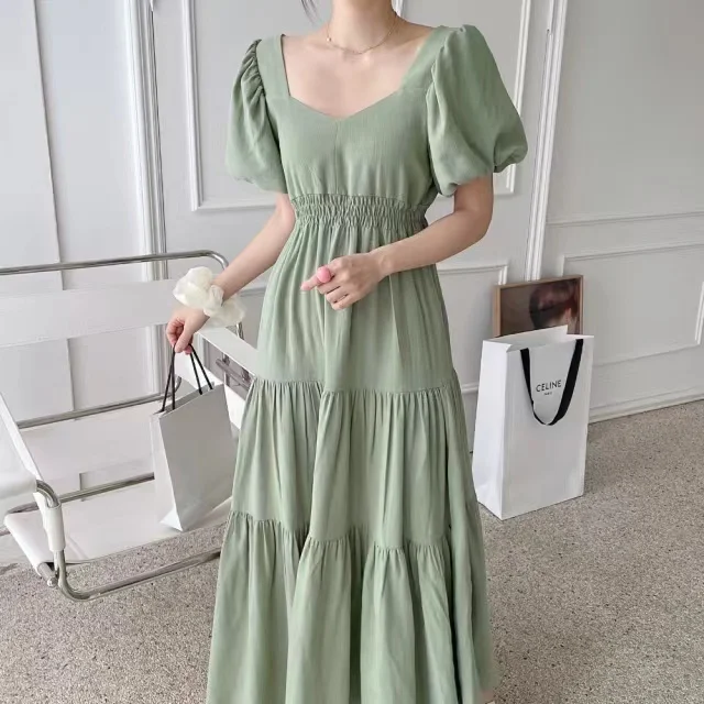 พัฟแขน Chic ฤดูร้อนชุดจีบยาวผู้หญิงแฟชั่นเกาหลีหลวมเสื้อผ้าฝ้ายผู้หญิงสุภาพสตรีชุด Vestidos