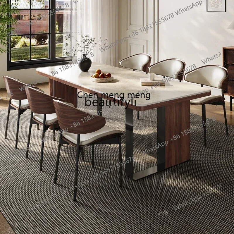 Travertine rock slab dining table living room home light luxury retro simple restaurant solid wood high-end dining table view 3