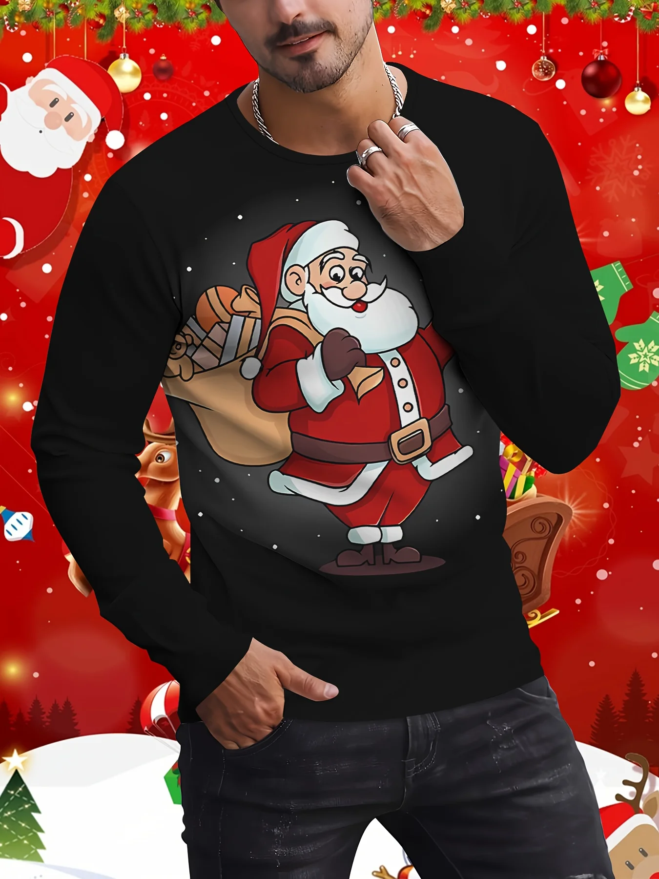 Funny 3D Santa Claus Printed Men's Long Sleeve T-shirt  New Year Party Christmas T Shirt Casual O-neck Loose Tops X'mas Clothing