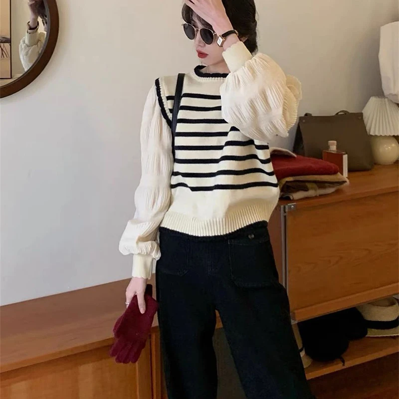 Patchwork Fashion Women Sweaters 2024 Striped Knit Top Autumn Winter Pullovers Knitwears Long Sleeve Clothes Ladies Sweater New