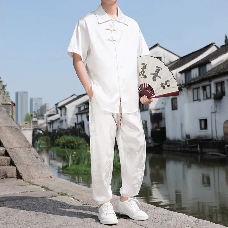 plus Size Men's Dragon Pattern Jacquard 2-Piece Set Short Sleeve Shirt And Pants Summer Casual Chinese Style Outfit M-XXXXXL