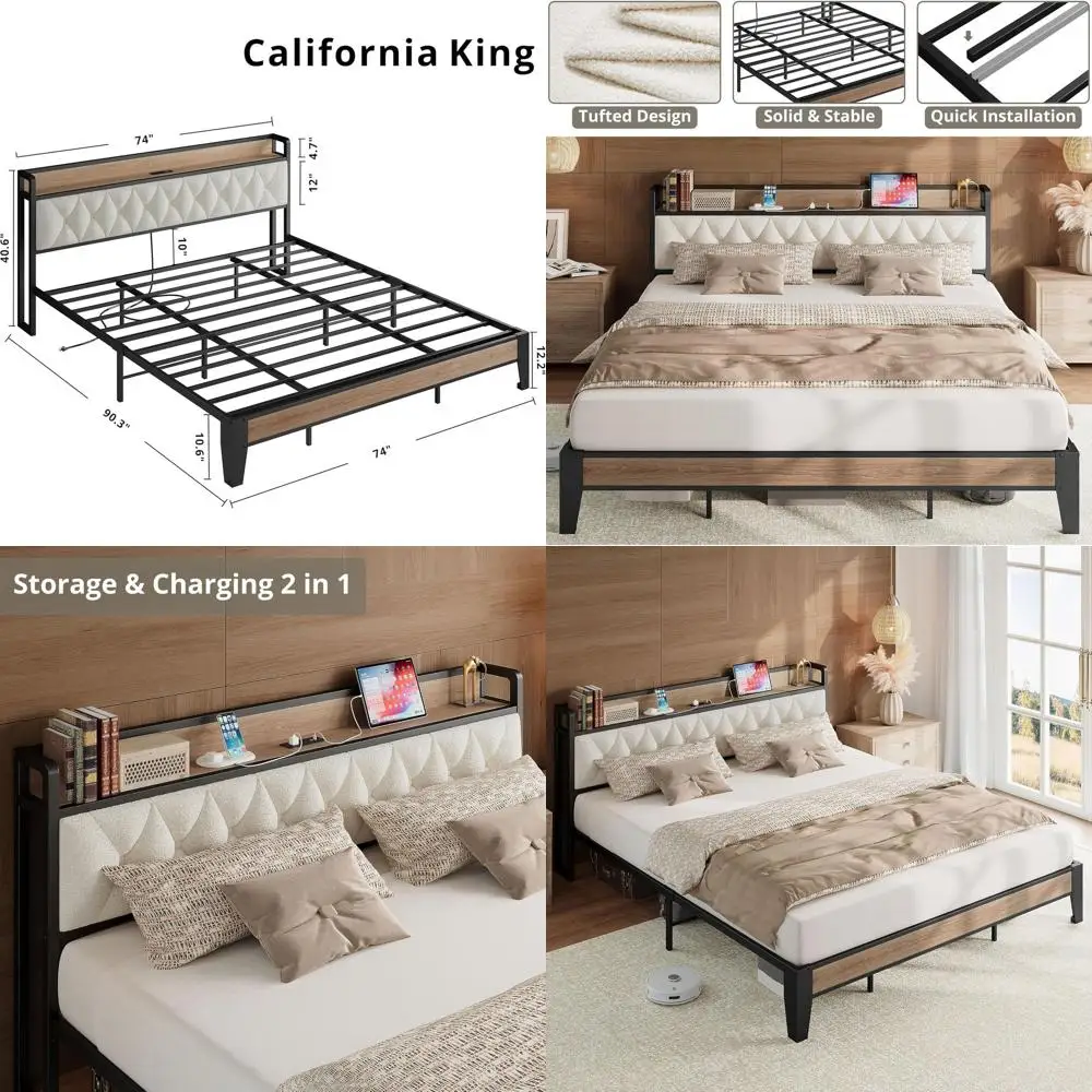 Cama California King con almacenamiento, estación de carga, soporte metálico, plataforma estable, fácil montaje, madera y color crema