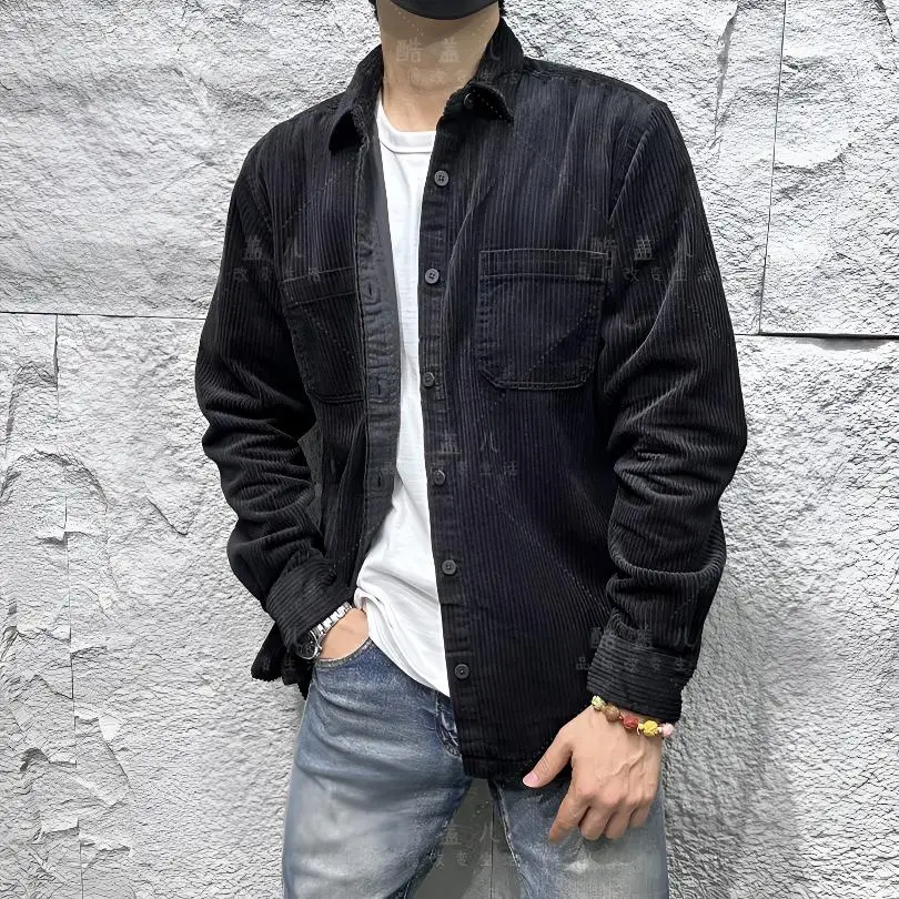 

Retro Corduroy Men's irt Versatile Waed Casual Sle Autumn Winter Faionable Breathable Long Sve Stand Fit Pure C...