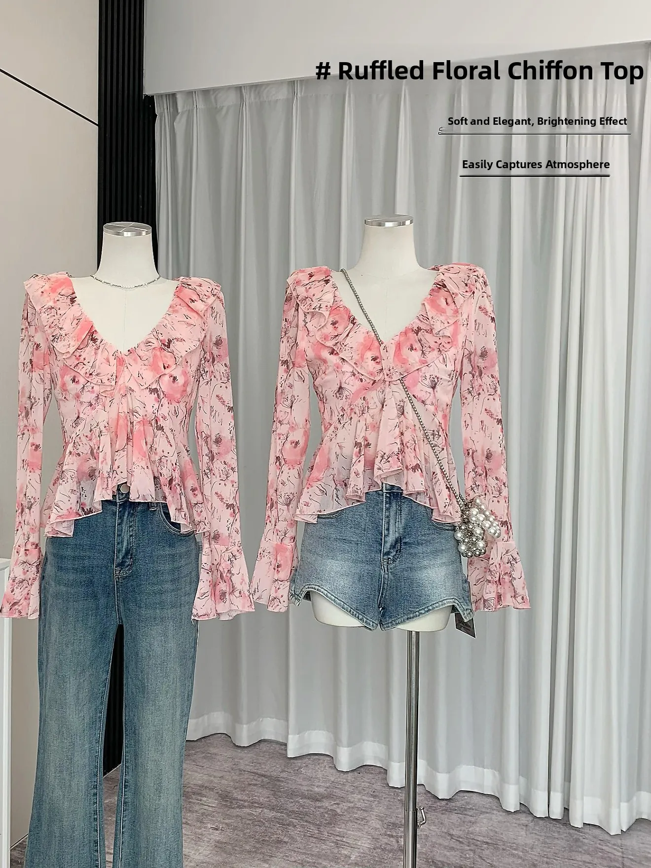 

Sweet V-Neck Long Sleeve Chiffon Top Women's Gentle Style Versatile Thin Floral Print Spring Fashion Ladies' Premium Lace Shirt