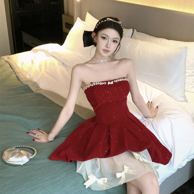 Retro Diamond Velvet Short Strapless Dress Women's Clothes A-line Slim Elegant Party Dress Bow Mesh Skirt Fashion Female Clothes