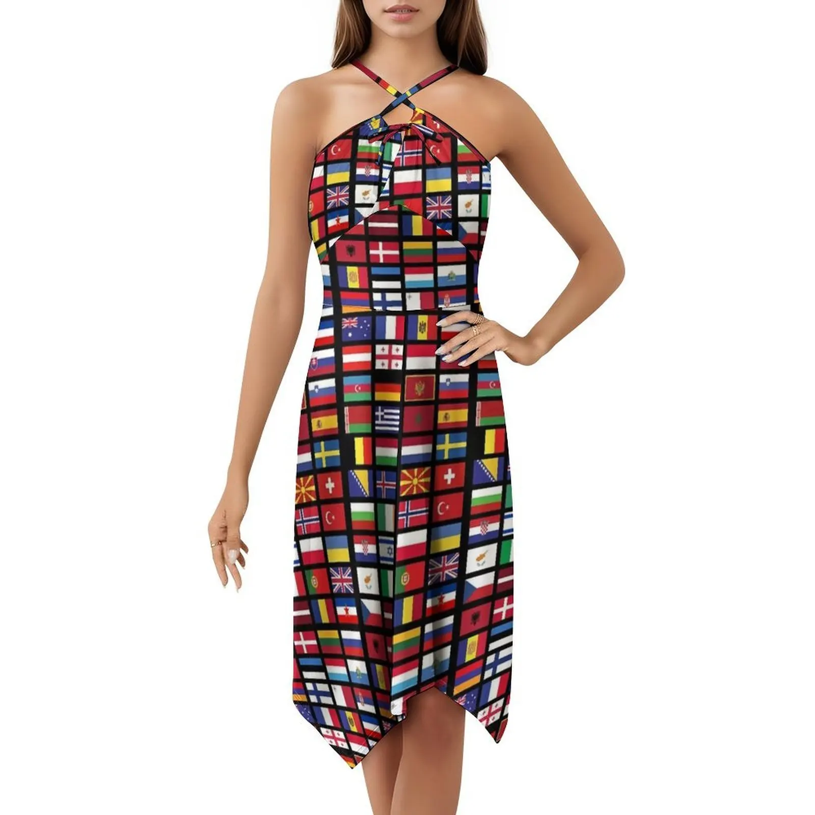 Bandeiras de boêmio vestido sem mangas multi-impressão praia férias vestido de festa canção concurso vestido de noite feminino