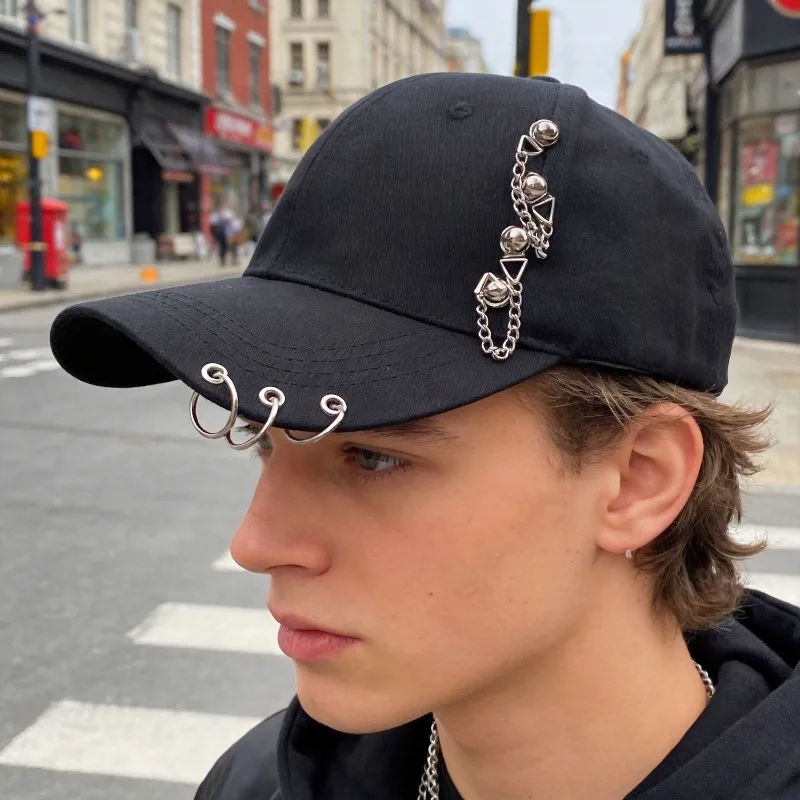 Y2K Punk Metal Chain Ring Baseball Cap Women Adjustable Curved Brim Hip Hop Streetwear Dad Hat 3 Colors