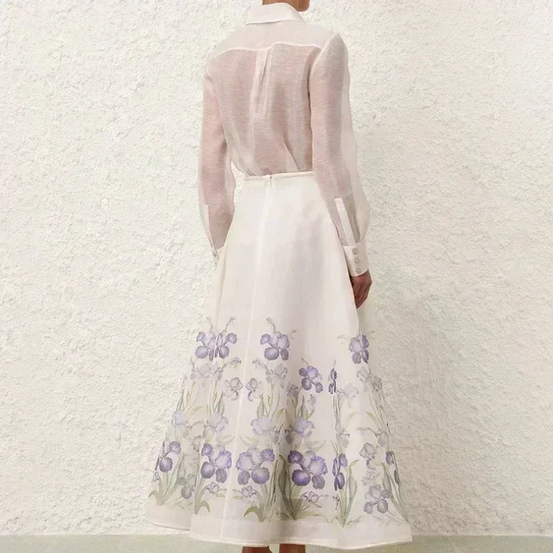 New Collection White Blue Floral Print Long Sleeve Blouse High Waist Midi Skirt Elegant Women Clothing