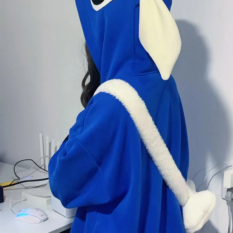 New Cartoon Stitch Kawaii Double-Layer Hat Big Ears Hooded Sweater Women\'s Winter Ins Loose Plus Velvet Cardigan Jacket Fleece