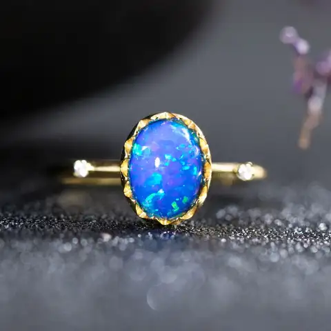 Classic Design Gold/Silver Plated Oval Cut Blue Opal Ring Palace Style Luxury for Women Jewelry Birthstone Anniversary Gifts