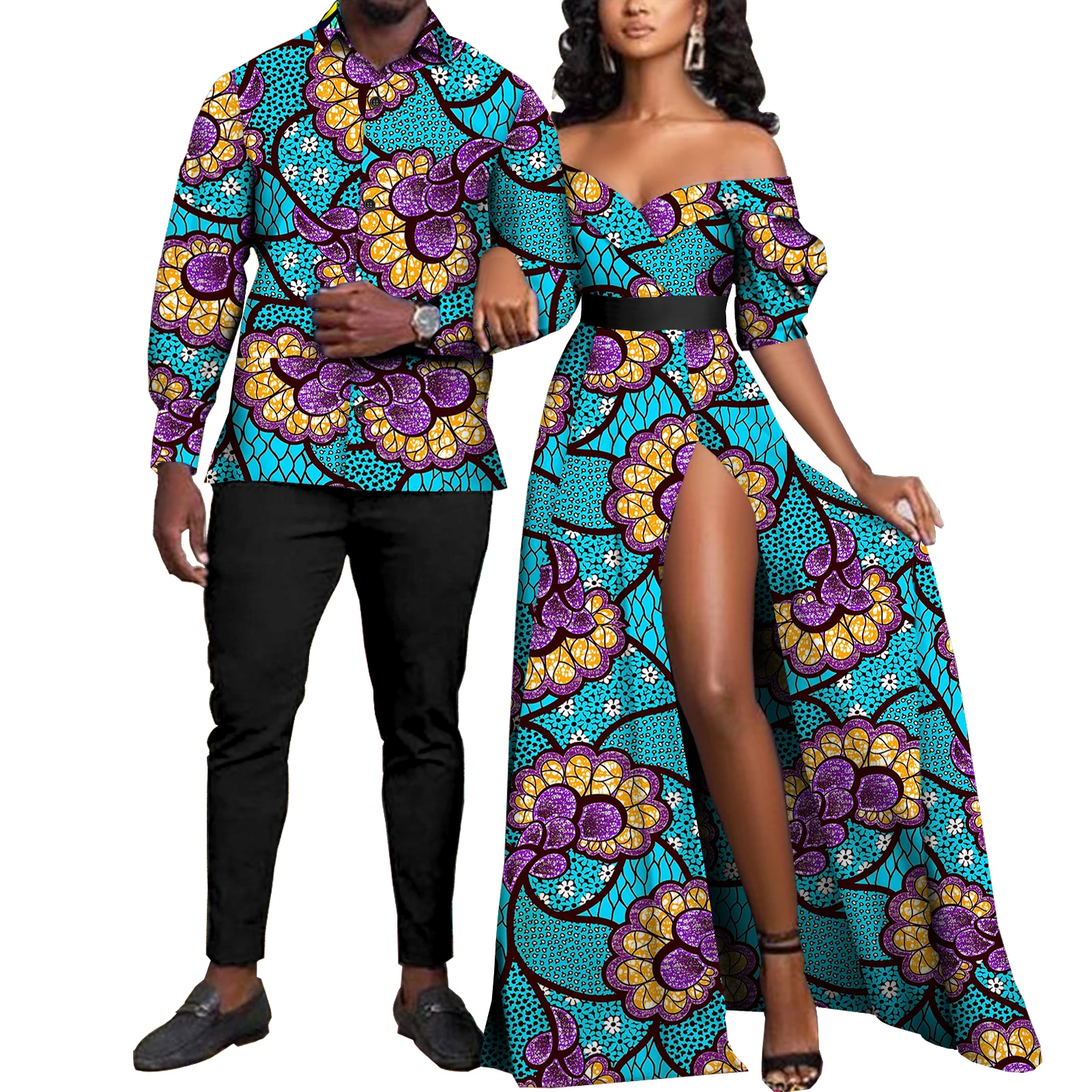 

African Couples Women Print Wax Cotton Fashion Patchwork Hot Dress& Men 2 Pieces Shirt and Pants Sets