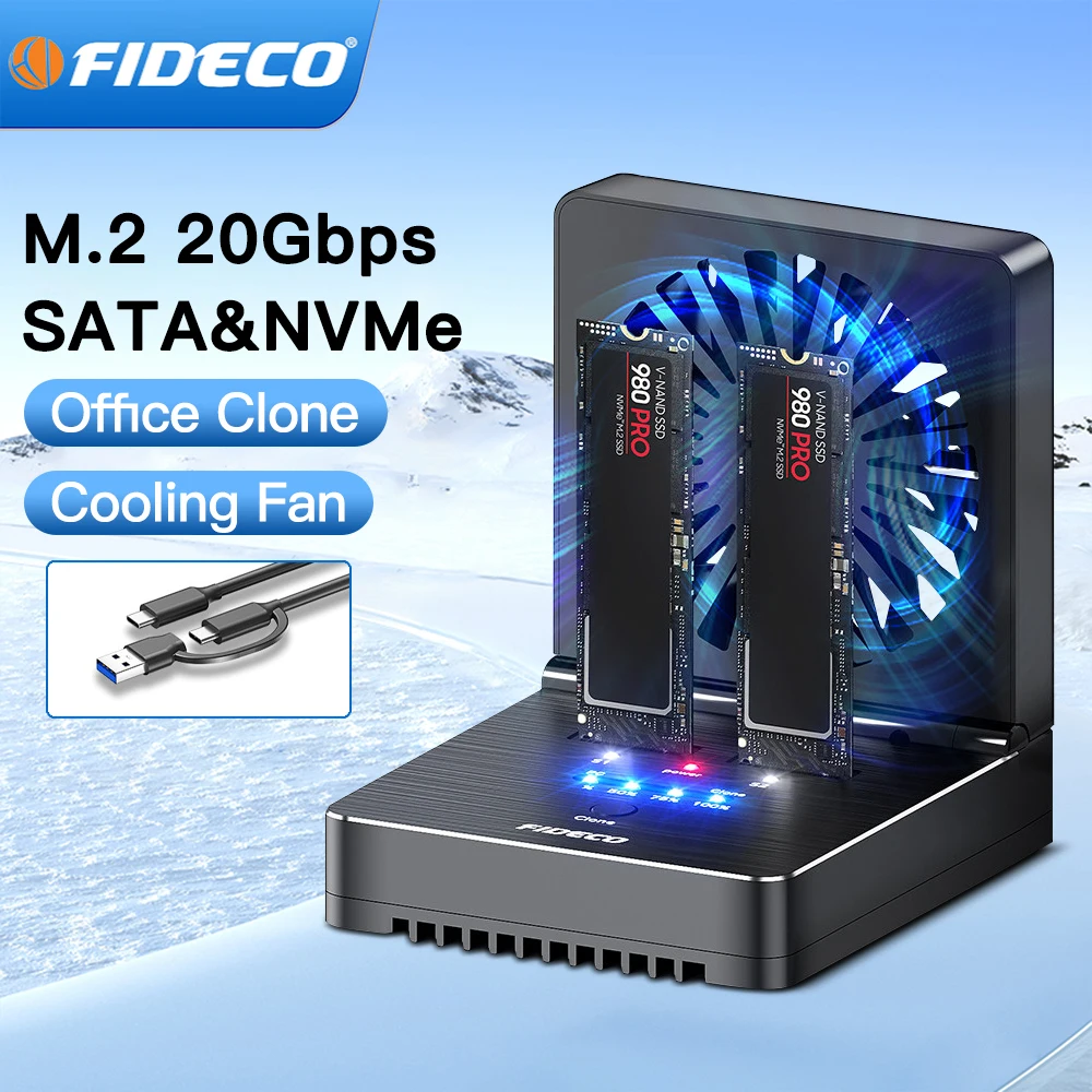 FIDECO M.2 NVMe SATA SSD Cloner Dock Dual-Bay 20Gbps SSD Enclosure with Foldable Cooling Fan Supports Offline Clone for M.2 Case