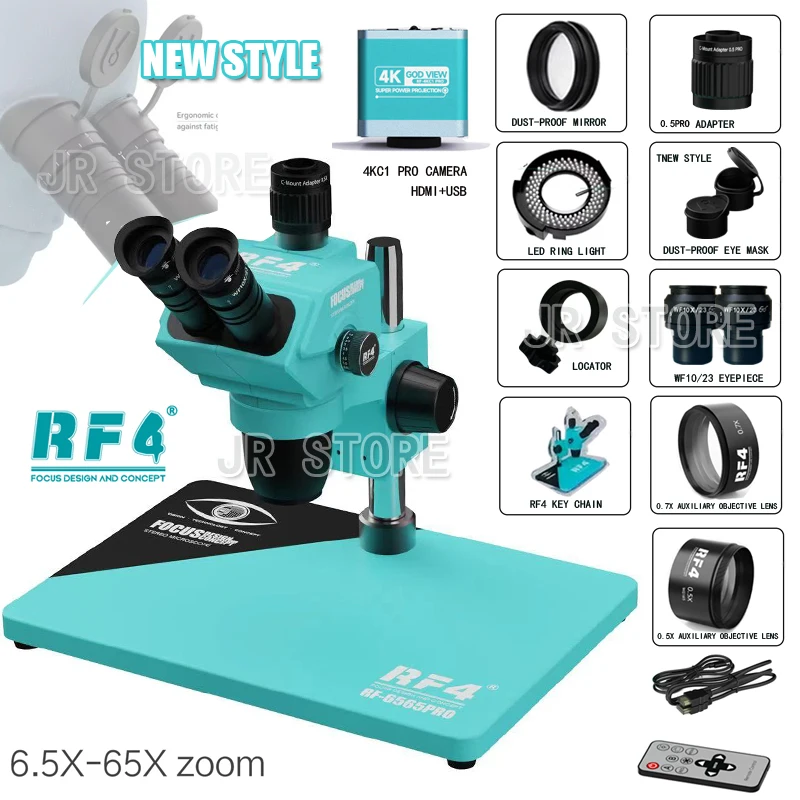 RF4 HD 4K Camera Trinocular Stereo Microscope RF-6565PRO Nine-speed Zoom Lock Key, Multi-layer Lens Phone Soldering PCB Repair