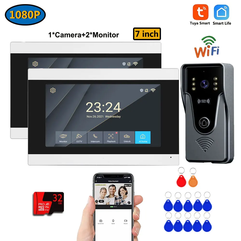 

Wireless WiFi Video Doorphone 7 inch Touch LCD 4 Wire HD 32G Smart Video Doorbell 1V1/1V2 Intercom System TUYA APP RFID Unlock