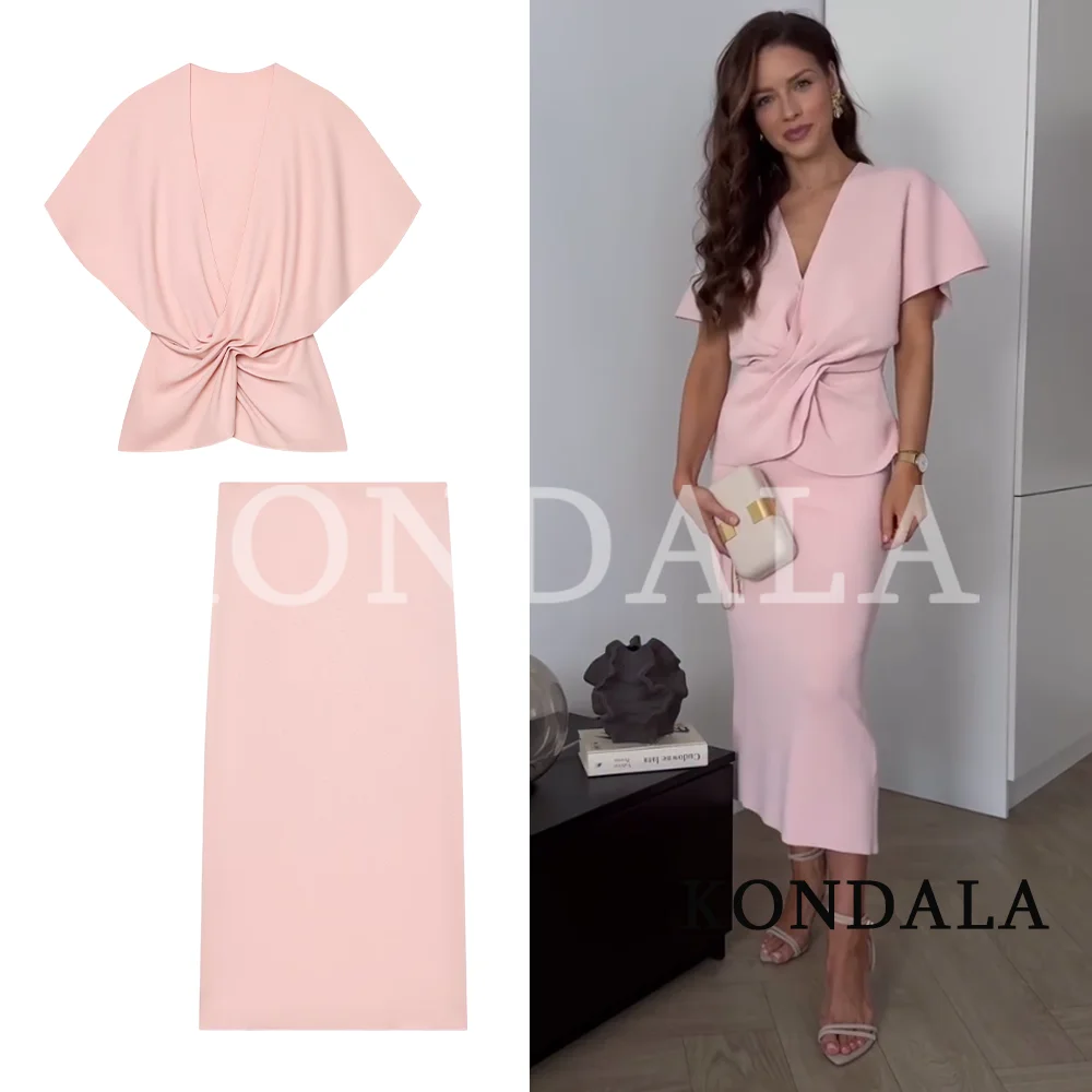 Conjunto Elegante KONDALA para Mujer, Falda Midi Rosa Entallada con Top Anudado, Estilo Chic para Vacaciones, Moda Otoño 2026, Conjunto Casual para Citas