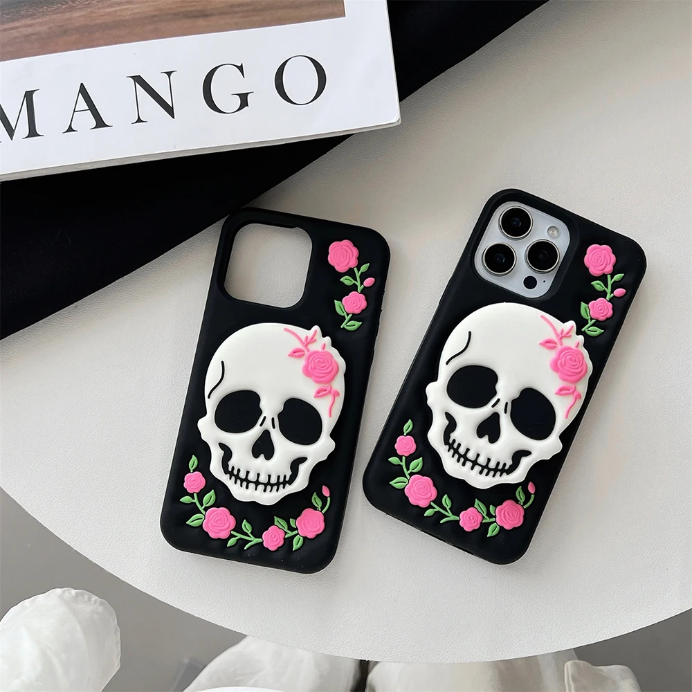 Lustige Halloween-Schädelhalterung, weiche Silikonhülle für iPhone 16 Plus 15 14 13 12 11 Pro Max, 3D-Cartoon-Ständerhalter-Abdeckung – Detail 5