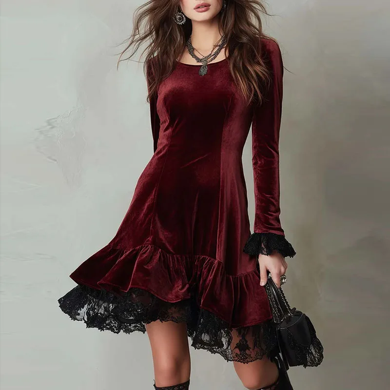 Senhoras elegante tripulação pescoço veludo mini vestido 2026 primavera casual retalhos rendas vestido plissado outono manga alargamento vestido de festa feminino